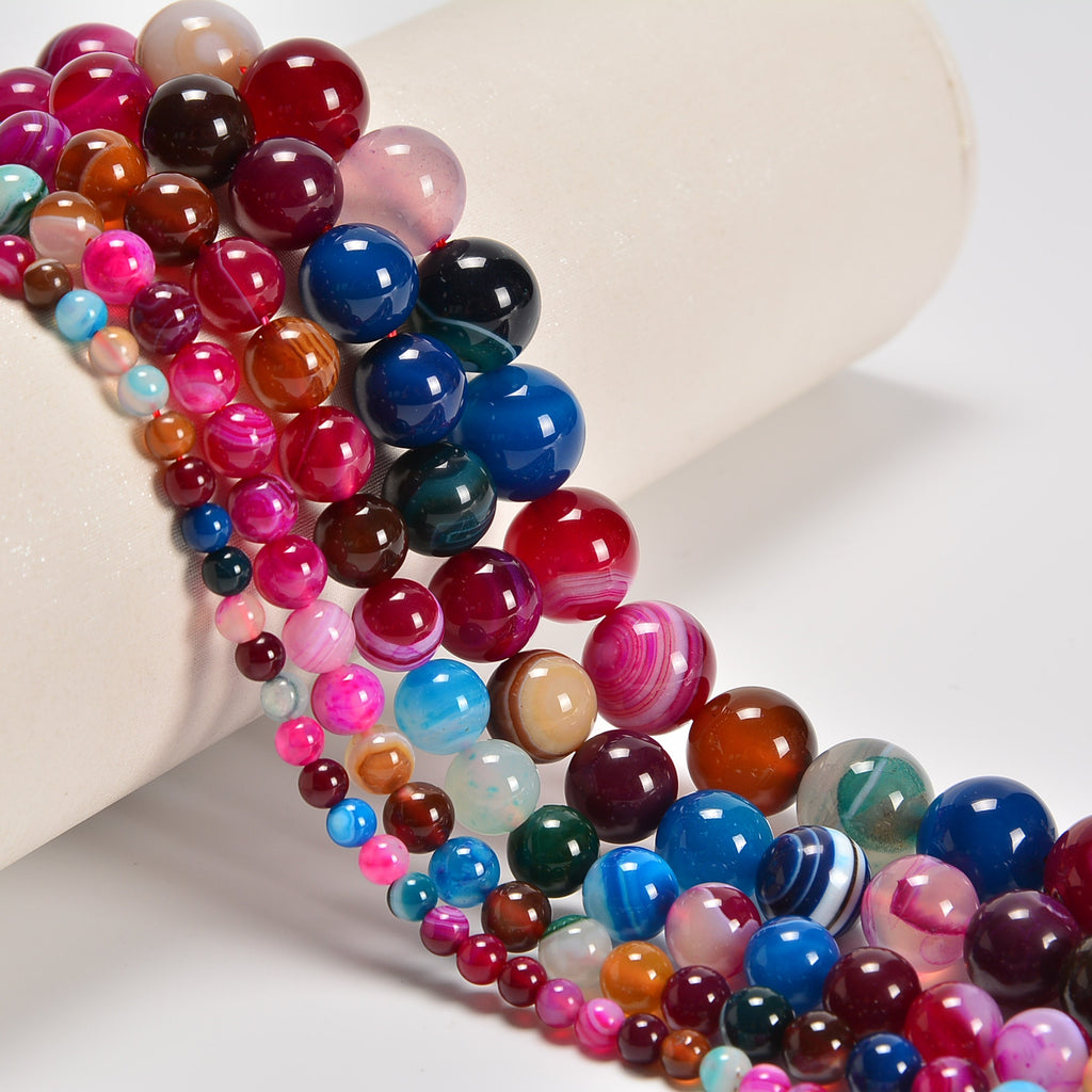 Chakra Stripe Agate Smooth Round Loose Beads 4mm-12mm - 15.5" Strand