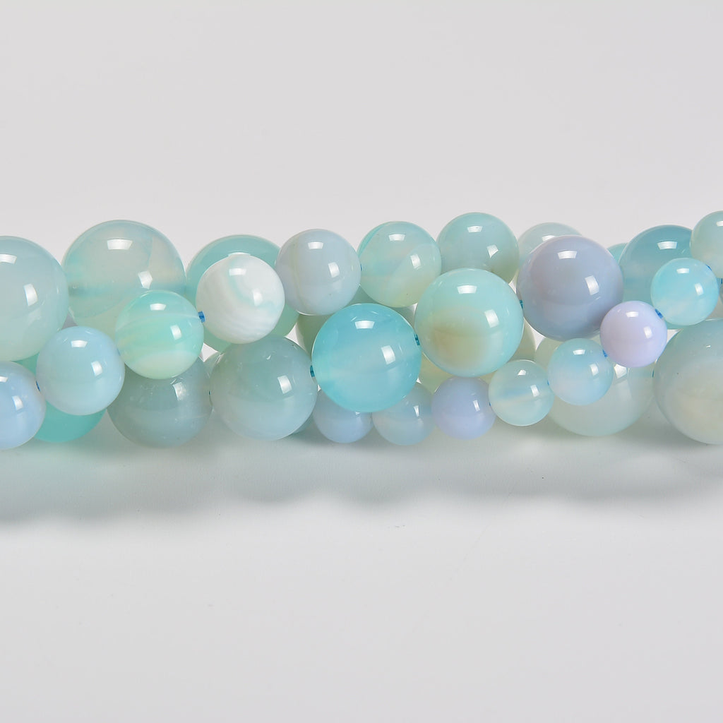 Light Blue Stripe Agate Smooth Round Loose Beads 6mm-12mm - 15.5" Strand