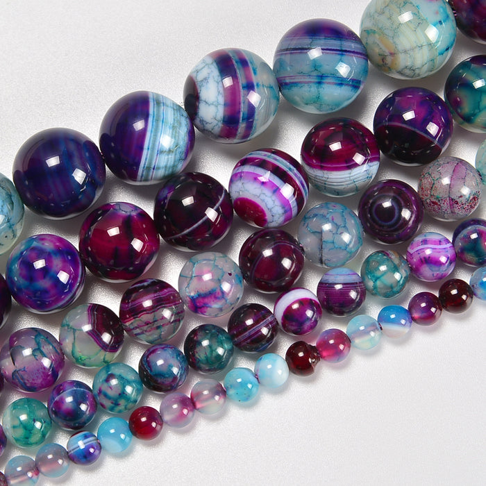 Blue Purple Stripe Agate Smooth Round Loose Beads 4mm-12mm - 15.5" Strand