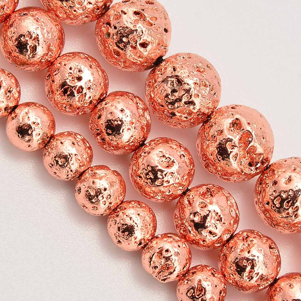 Rose Gold Coated Lava Rock / Rose Gold Coated Lava Stone Round Loose Beads 6mm-10mm - 15.5" Strand