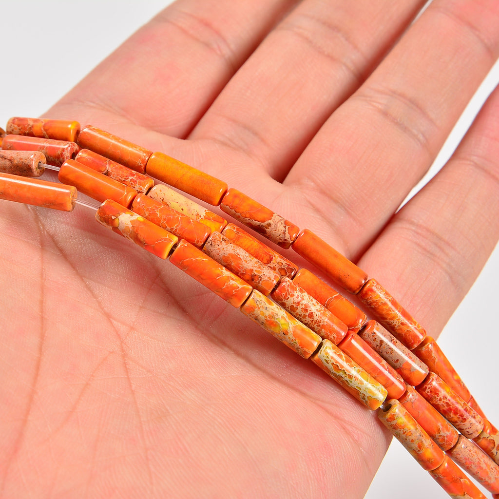Orange Sea Sediment Imperial Jasper Smooth Cylinder Tube Loose Beads 4x13mm - 15" Strand