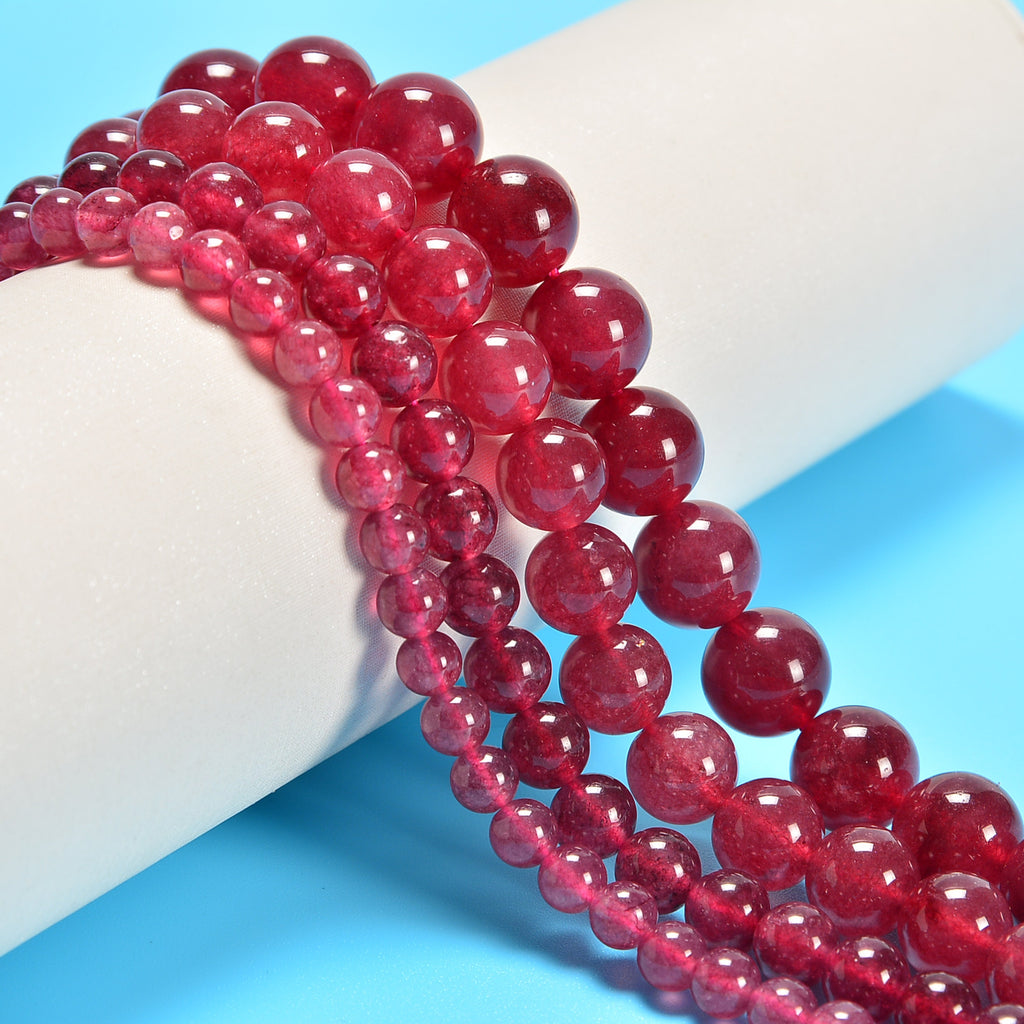 Strawberry Quartz Dyed Jade Smooth Round Loose Beads 6mm-12mm - 15" Strand
