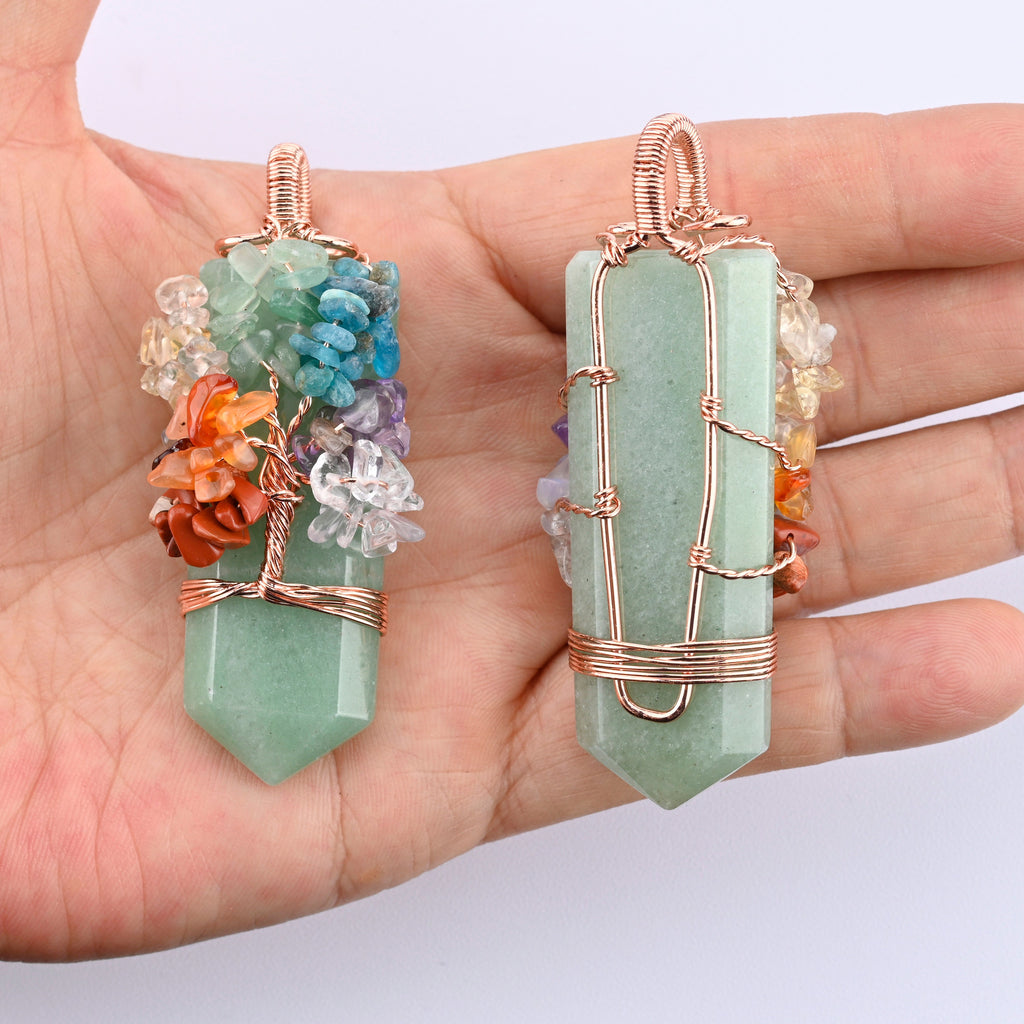 55x20mm Wire Wrapped Chakra Tree of Life Gemstone Tower Point Pendant Necklace Jewelry, 7 Chakra Chips Beads Pendant