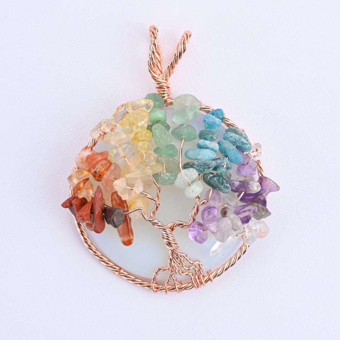 Opalite 40mm Wire Wrapped Chakra Tree of Life Pendant Necklace Jewelry Gemstone 7 Chakra Chips Beads
