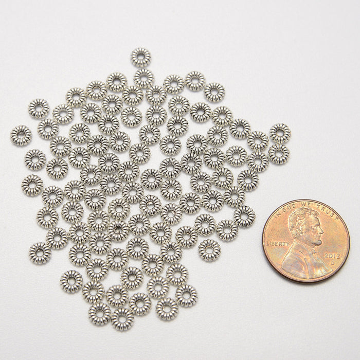 4.5mm Silver Corrugated Tire Wheel Beads, Spacer Beads, Rondelle Bead Accents, Bead Accessories Jewelry Making DIY Bracelets Necklaces