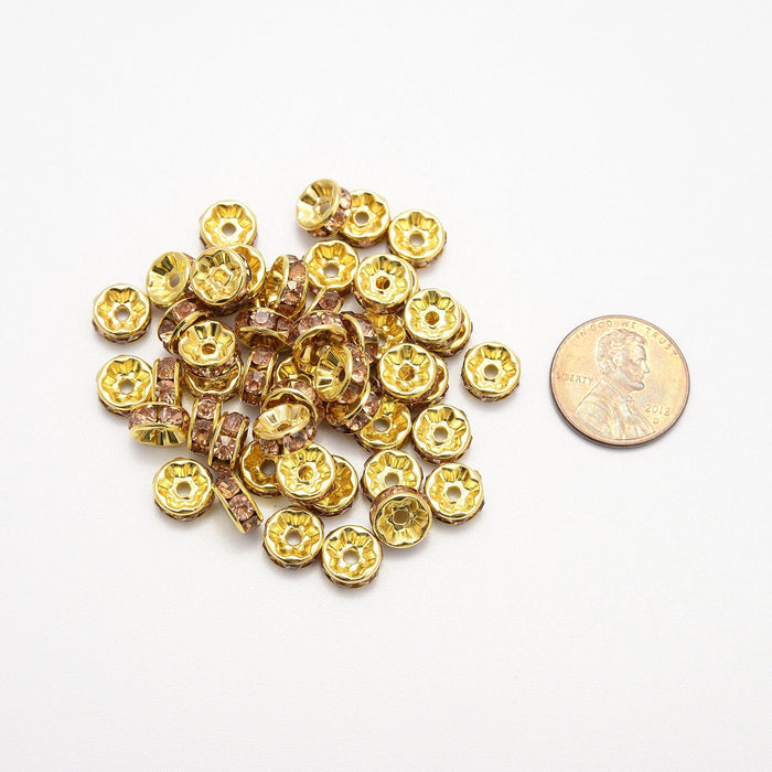 7mm Gold Plated Light Colorado Topaz Crystal Rhinestones Rondelle, Spacer Beads, Bead Accessories Jewelry Making DIY Bracelets Necklaces