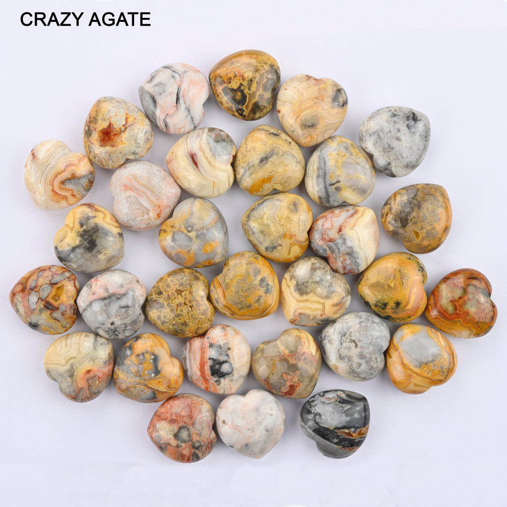 Heart Crystal Carved Gemstone Figurine 30mm Crazy Agate, Blue Aventurine, Tiger Eye, Sakura Agate, Clear Quartz, Mahogany, Mookaite, Kambaba