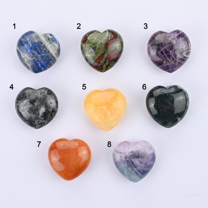 Heart Crystal Carved Gemstone Figurine 30mm, Lapis, Dragon Blood, Amethyst, Larvikite, Yellow Jade, Moss Agate, Red Aventurine, Fluorite
