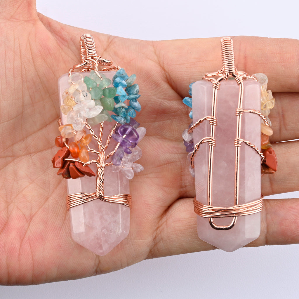 55x20mm Wire Wrapped Chakra Tree of Life Gemstone Tower Point Pendant Necklace Jewelry, 7 Chakra Chips Beads Pendant