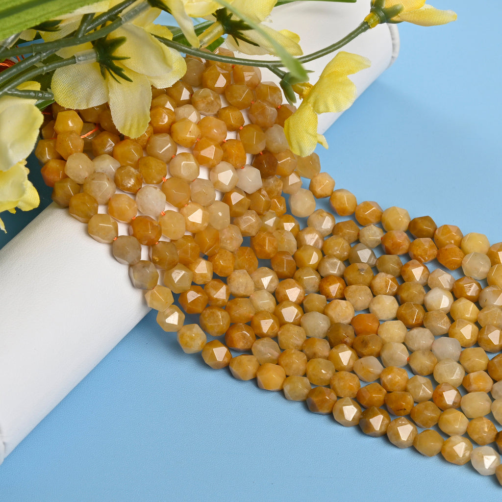 Yellow Dragon Jade Star Cut Faceted Loose Beads 8mm - 15" Strand