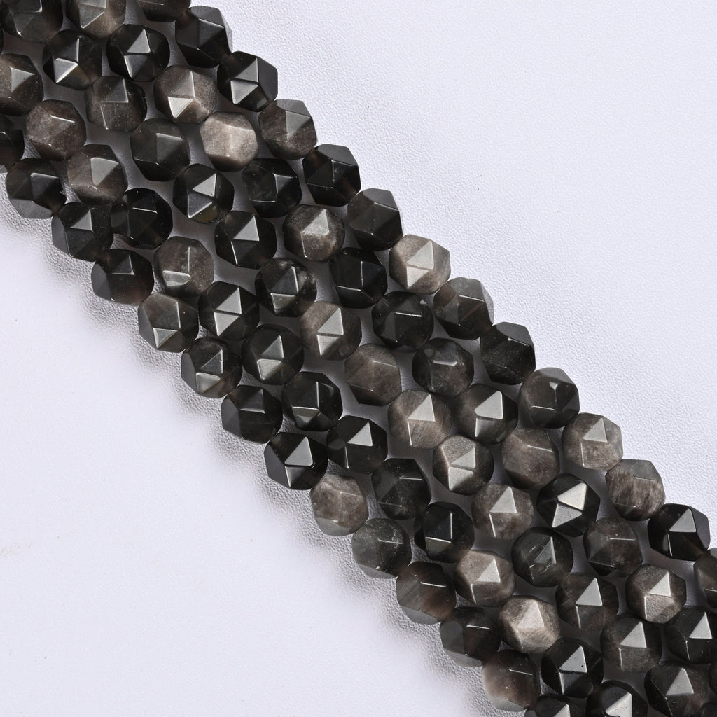 Silver Sheen Obsidian / Silver Obsidian Star Cut Faceted Loose Beads 8mm - 15" Strand