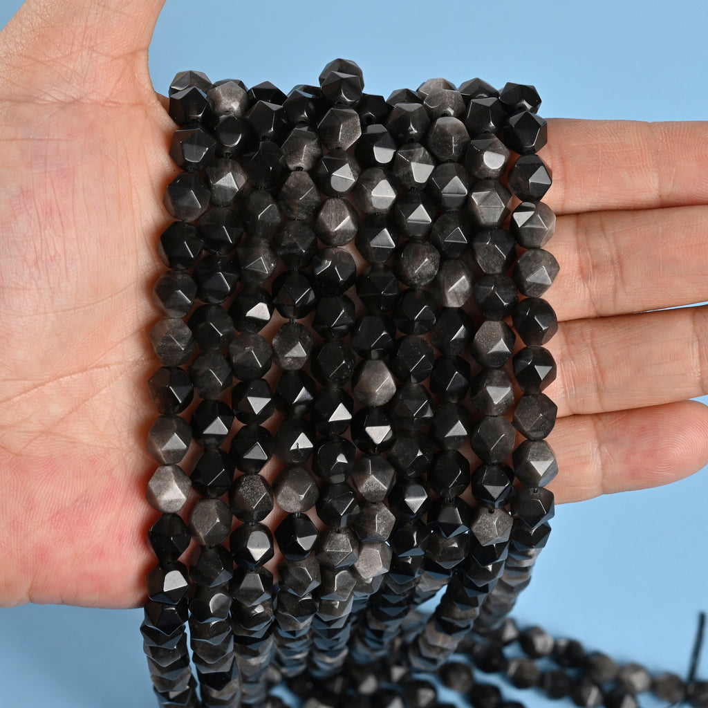 Silver Sheen Obsidian / Silver Obsidian Star Cut Faceted Loose Beads 8mm - 15" Strand