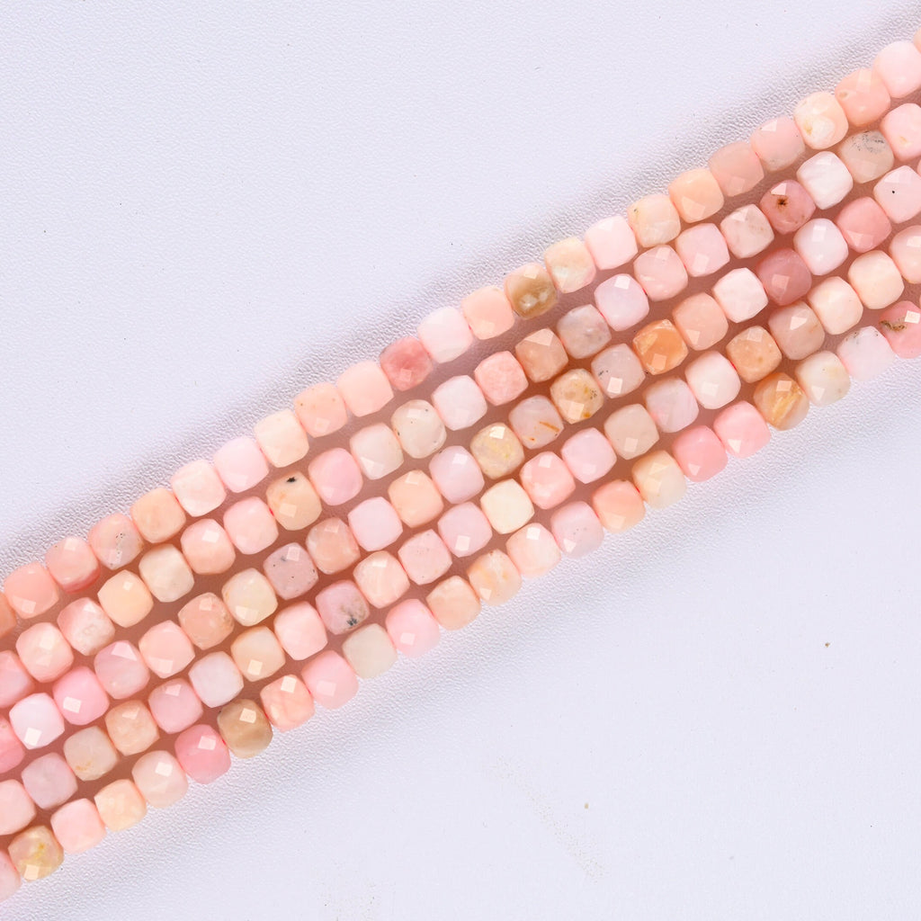 Pink Opal Faceted Square Cube Diamond Cut Loose Beads 4mm - 15" Strand