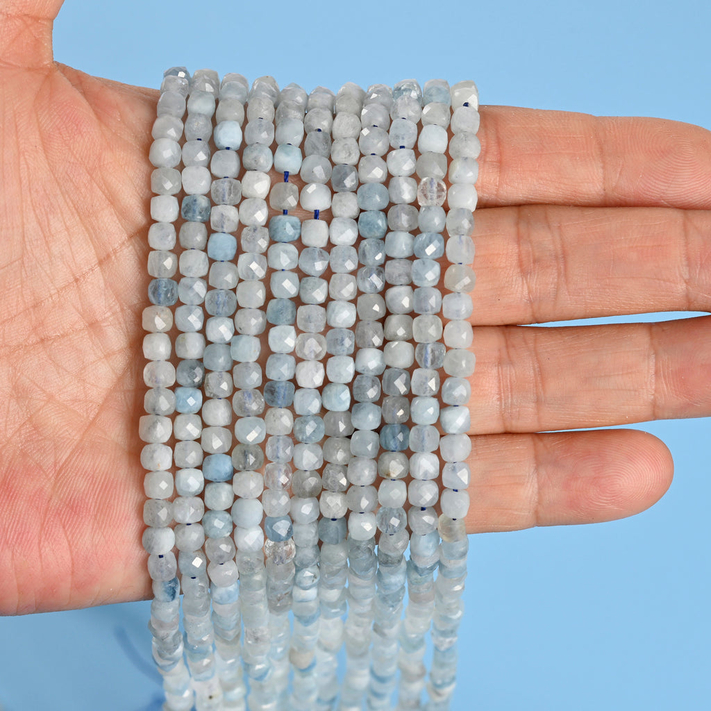 Aquamarine Faceted Square Cube Diamond Cut Loose Beads 4mm - 15" Strand