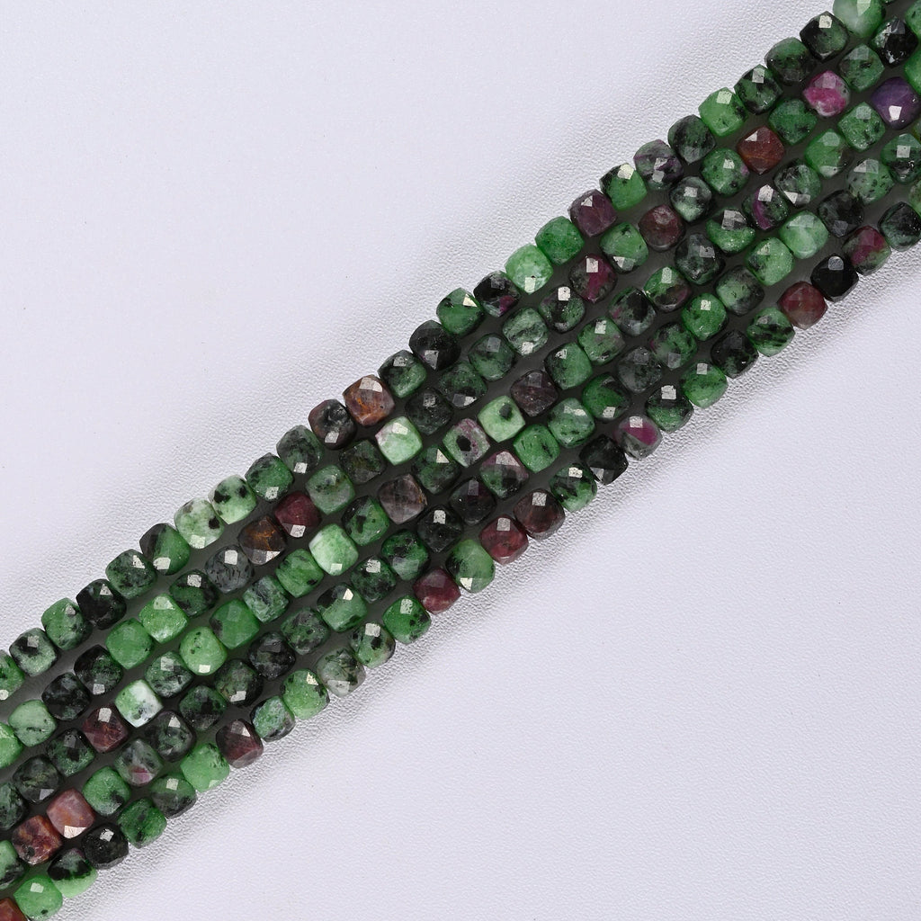 Ruby Zoisite / Anyolite Faceted Square Cube Diamond Cut Loose Beads 4mm - 15" Strand