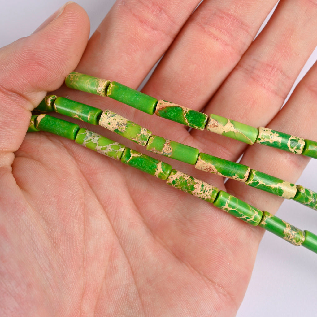 Lime Green Sea Sediment Imperial Jasper Smooth Cylinder Tube Loose Beads 4x13mm - 15" Strand