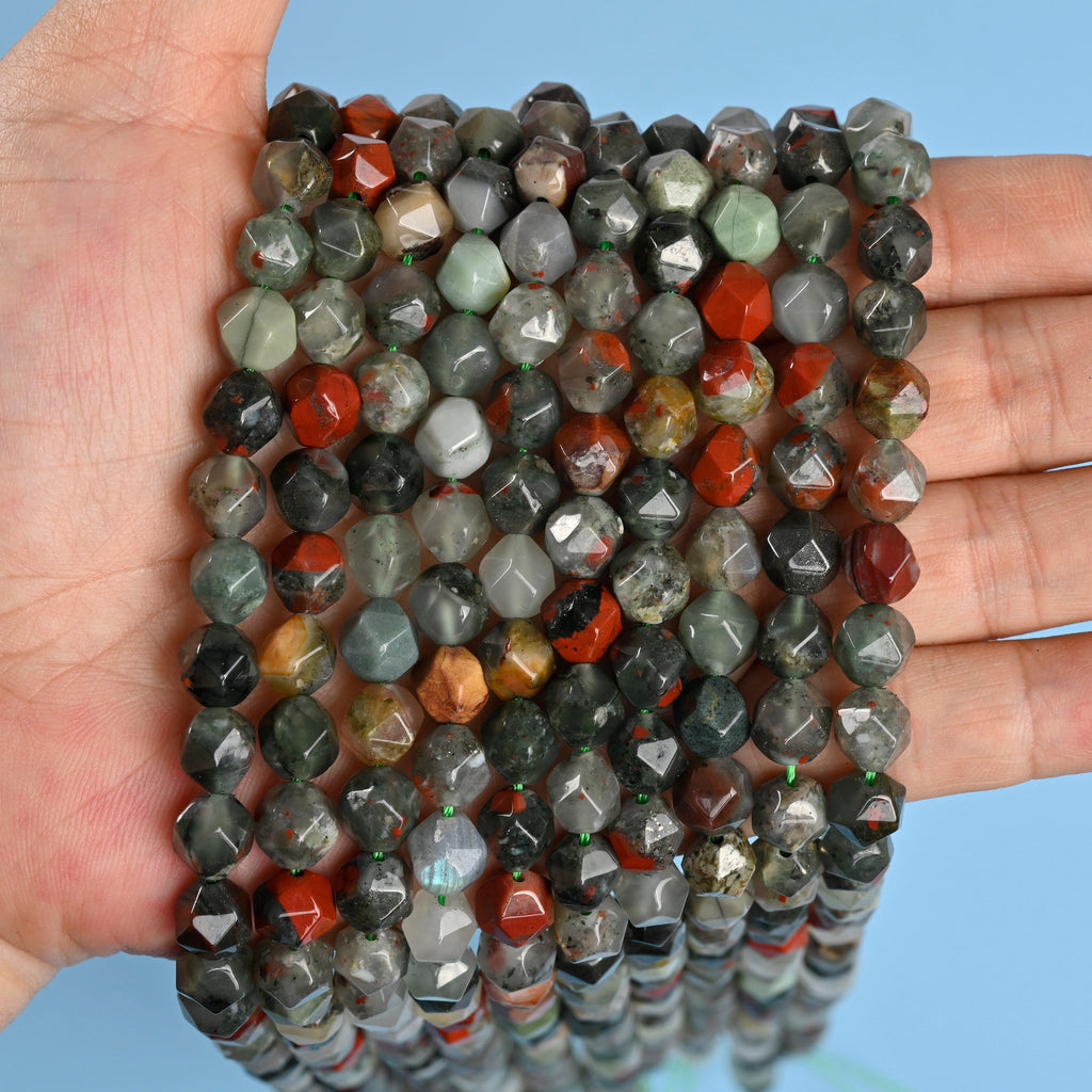 African Blood Jasper / African Bloodstone Star Cut Faceted Loose Beads 8mm - 15" Strand
