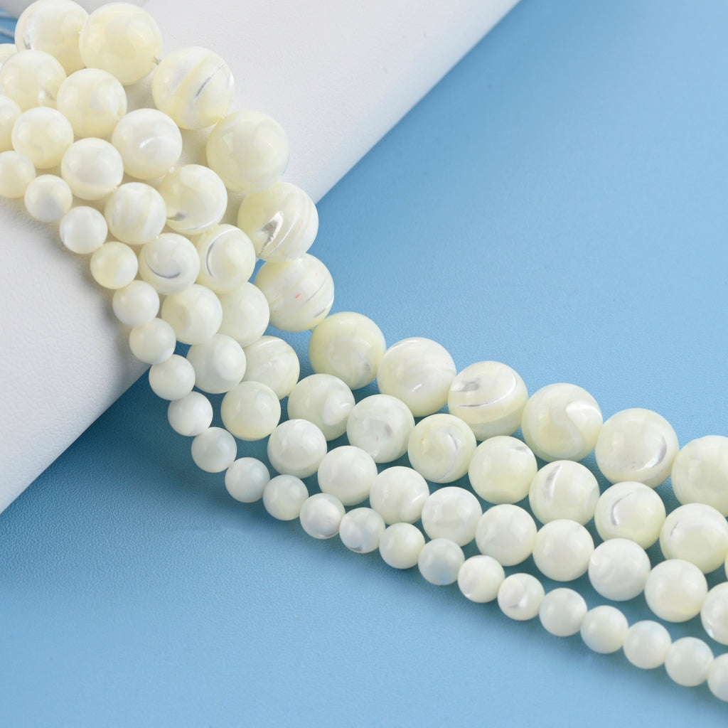 White Mother of Pearl Smooth Round Loose Beads 4mm-12mm - 15" Strand