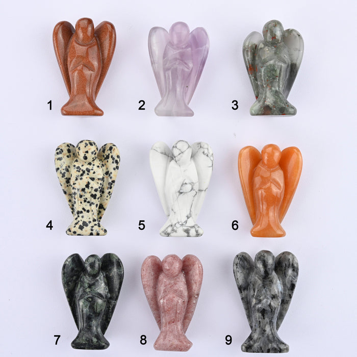 Angel Crystal Carved Gemstone Figurine 2 inch Goldstone, Fluorite, African Blood, Dalmatian, Howlite, Red Avent., Kambaba, Quartz, Larvikite