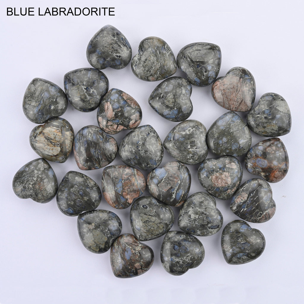 Heart Crystal Carved Gemstone Figurine 30mm Green Howlite, India Agate, Blue Lab., Carnelian, New Jade, Rhodonite, Iron Tiger, African Blood