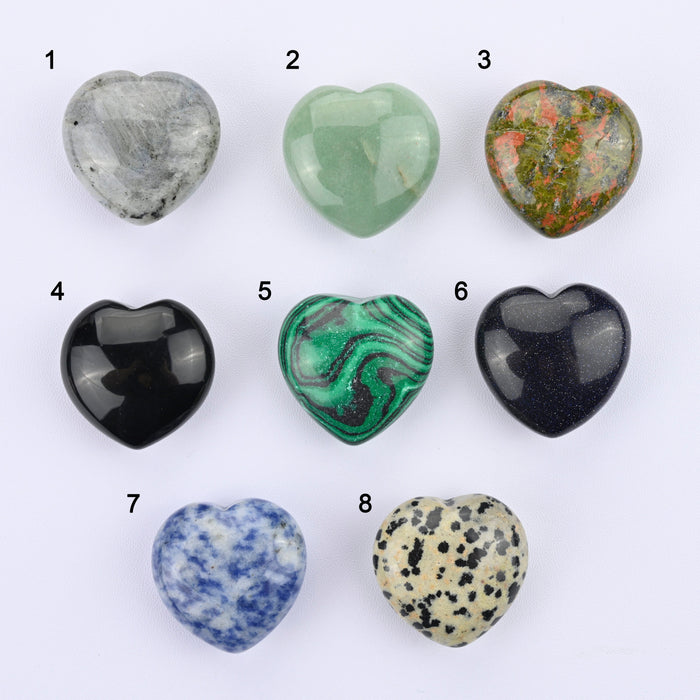 Heart Crystal Carved Gemstone Figurine 30mm White Labradorite, Green Aven., Unakite, Obsidian, Malachite, Sandstone, Blue Spot, Dalmatian