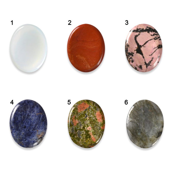 Oval Worry Stone Gemstone Carved Healing Crystal Rubbing Palm Stone, Opalite, Red Jasper, Rhodonite, Sodalite, Unakite, White Labradorite