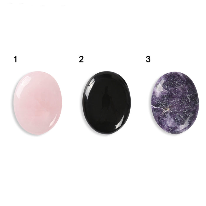 Medium Oval Palm Stone Crystal Carved Gemstone Cabochon Worry Stone Healing Crystal, Rose Quartz, Black Obsidian, Lepidolite