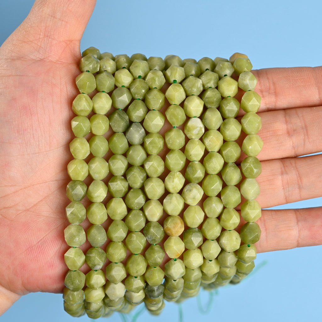 South Green Jade Star Cut Faceted Loose Beads 8mm - 15" Strand