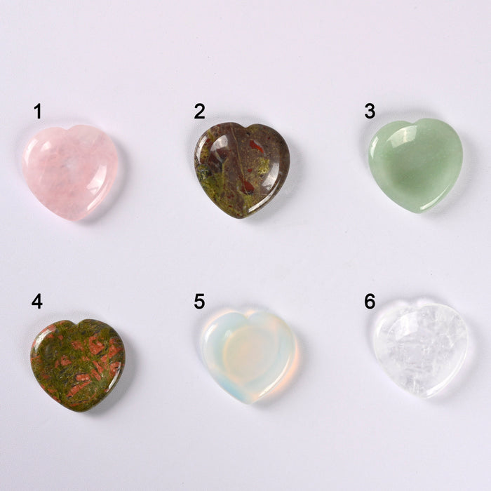 Heart Worry Stone Gemstone Carved Healing Crystal Palm Stone, Rose Quartz, Dragon Blood, Green Aventurine, Unakite, Opalite, Clear Quartz