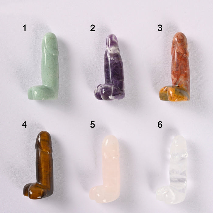 Phallus Penis Crystal Carved Gemstone Figurine 2 inch, Green Aventurine, Amethyst, Crazy Agate, Tiger Eye, Clear, Dragon Blood, Gray Agate