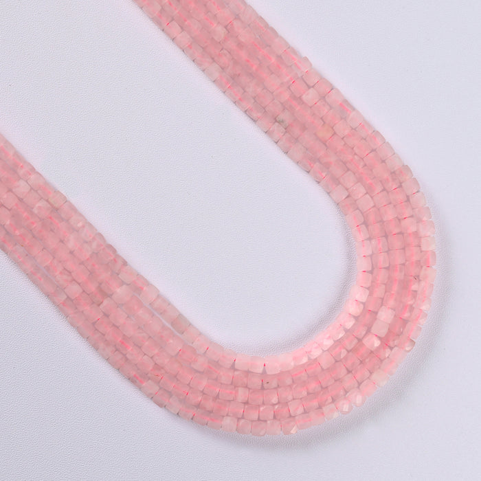 Rose Quartz Faceted Square Cube Diamond Cut Loose Beads 4mm - 15" Strand