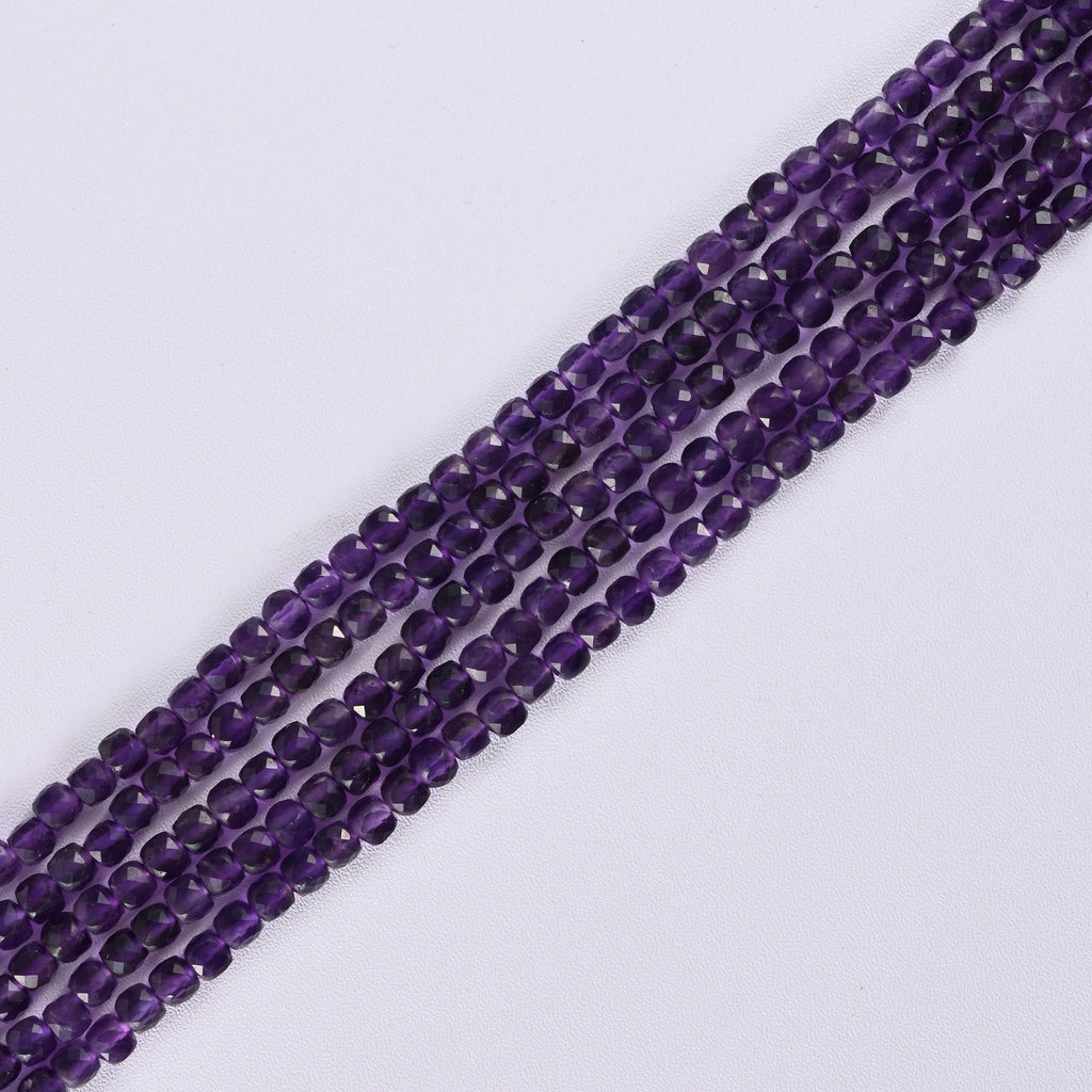 Amethyst Faceted Square Cube Diamond Cut Loose Beads 4mm - 15" Strand