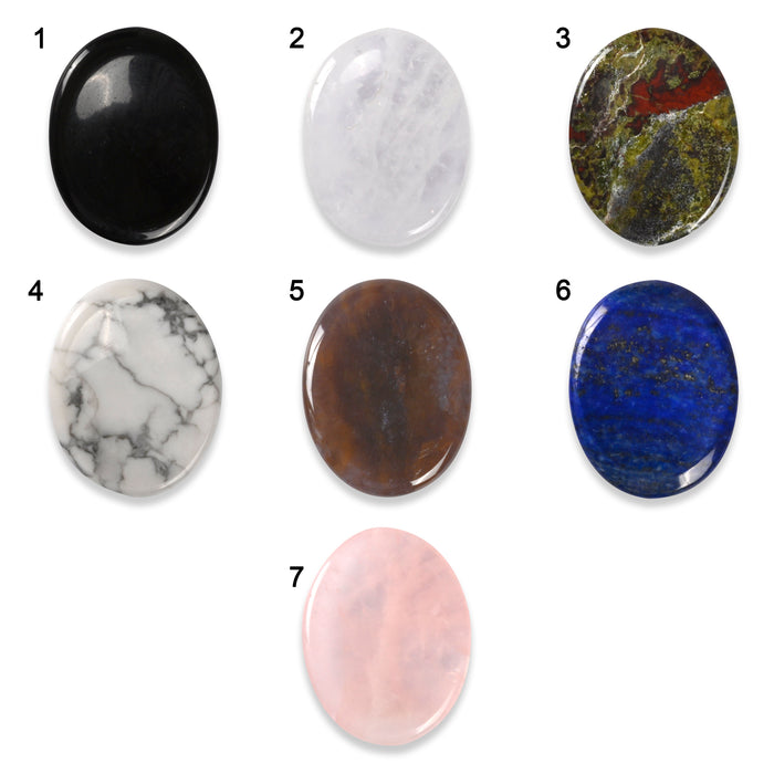 Oval Worry Stone Gemstone Healing Crystal Palm Stone, Black Obsidian, Clear Quartz, Dragon Blood, Howlite, Indian Agate, Lapis, Rose Quartz