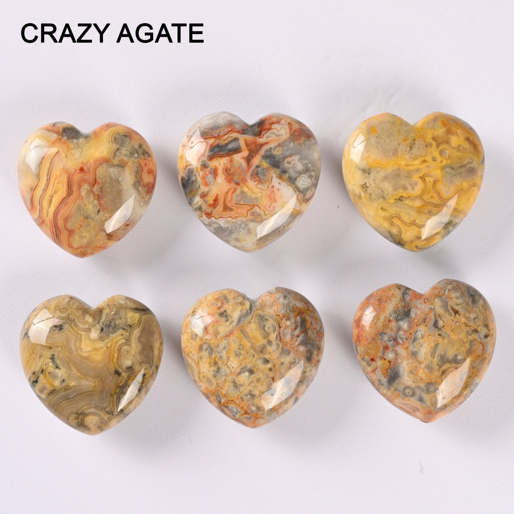 Heart Crystal Carved Gemstone Figurine Healing Crystal 40mm, Crazy Agate, Mookaite, Lemon Jade, Cherry Quartz, Blue Sandstone