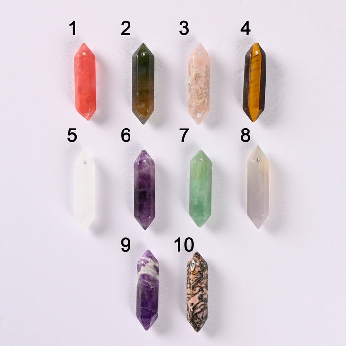 Healing Crystal Point Pendant w/Drilled Hole Cherry, Indian, Sakura, Tiger Eye, Clear, Amethyst, Green Aventurine, Gray Agate, Rhodonite