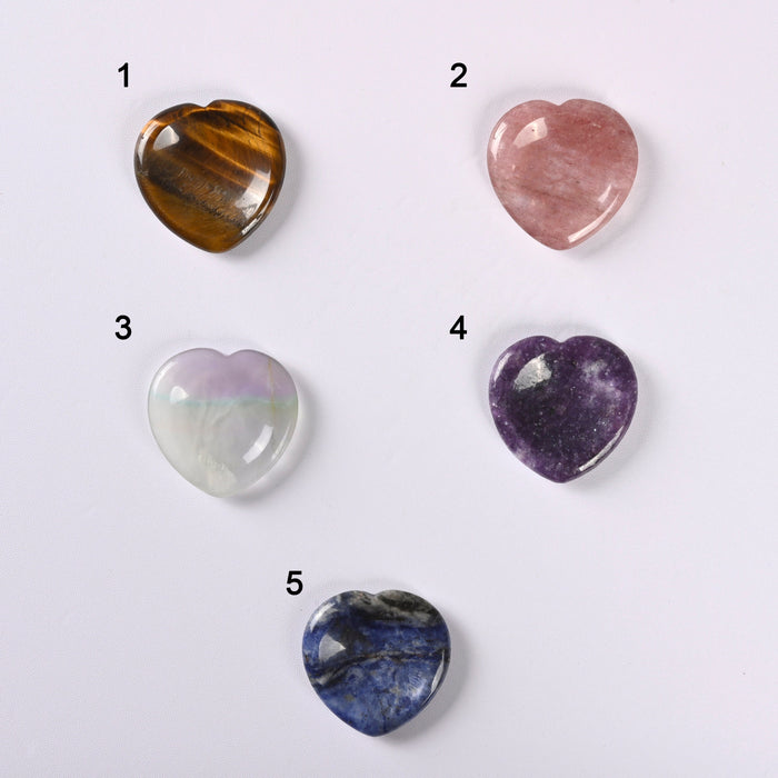 Heart Shaped Worry Stone Gemstone Carved Healing Crystal Palm Stone, Yellow Tiger Eye, Strawberry Quartz, Fluorite, Lepidolite, Sodalite
