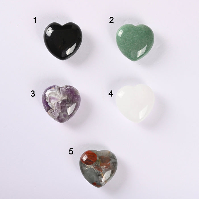 Heart Crystal Carved Gemstone Figurine 40mm, Black Obsidian, Green Aventurine, Chevron Amethyst, Clear Quartz, African Bloodstone