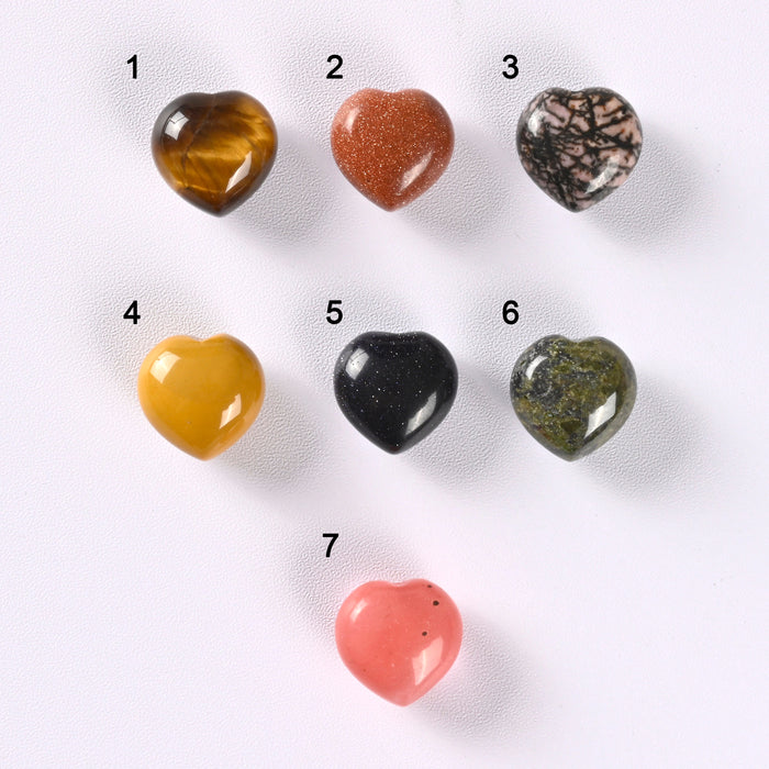 Tiny Heart Crystal Carved Gemstone Figurine 15mm Tiger Eye, Gold Sandstone, Rhodonite, Mookaite, Blue Sandstone, Dragon Blood, Cherry Quartz