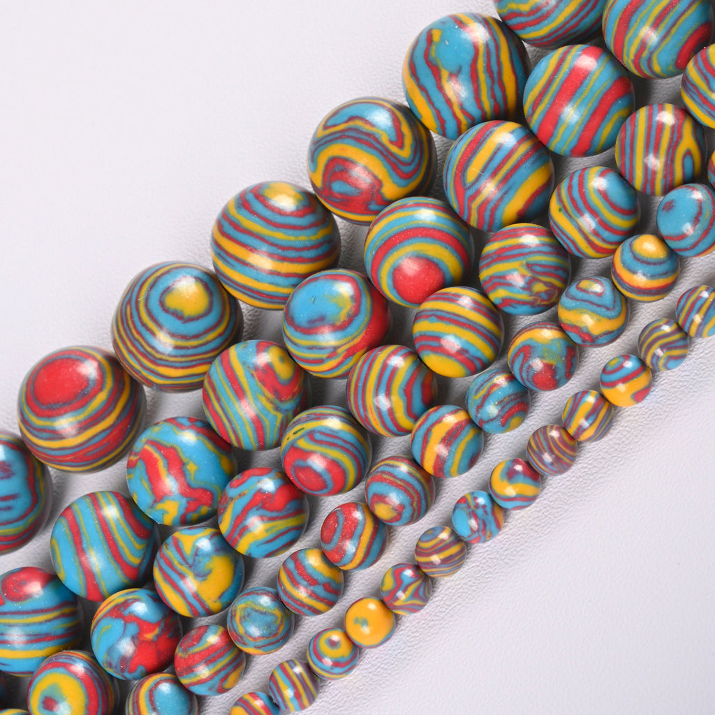 Blue Red Yellow Malachite Peacock Stone Smooth Round Loose Beads 4mm-12mm - 15" Strand