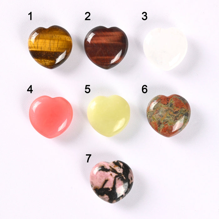Heart Crystal Carved Gemstone Figurine 1 inch (25mm), Tiger Eye, Red Tiger Eye, Clear Quartz, Cherry Quartz, Lemon Jade, Unakite, Rhodonite