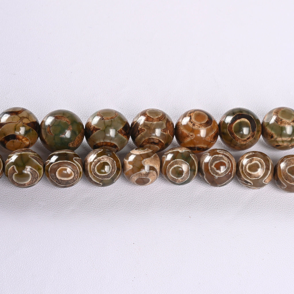 Green Three-Eyed Dzi Tibetan Agate Smooth Round Loose Beads 10mm-12mm - 15" Strand