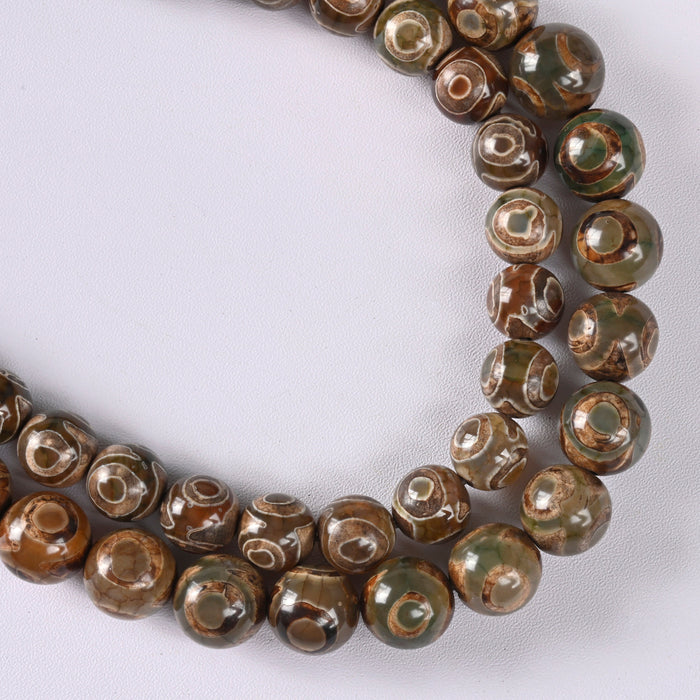 Green Three-Eyed Dzi Tibetan Agate Smooth Round Loose Beads 10mm-12mm - 15" Strand