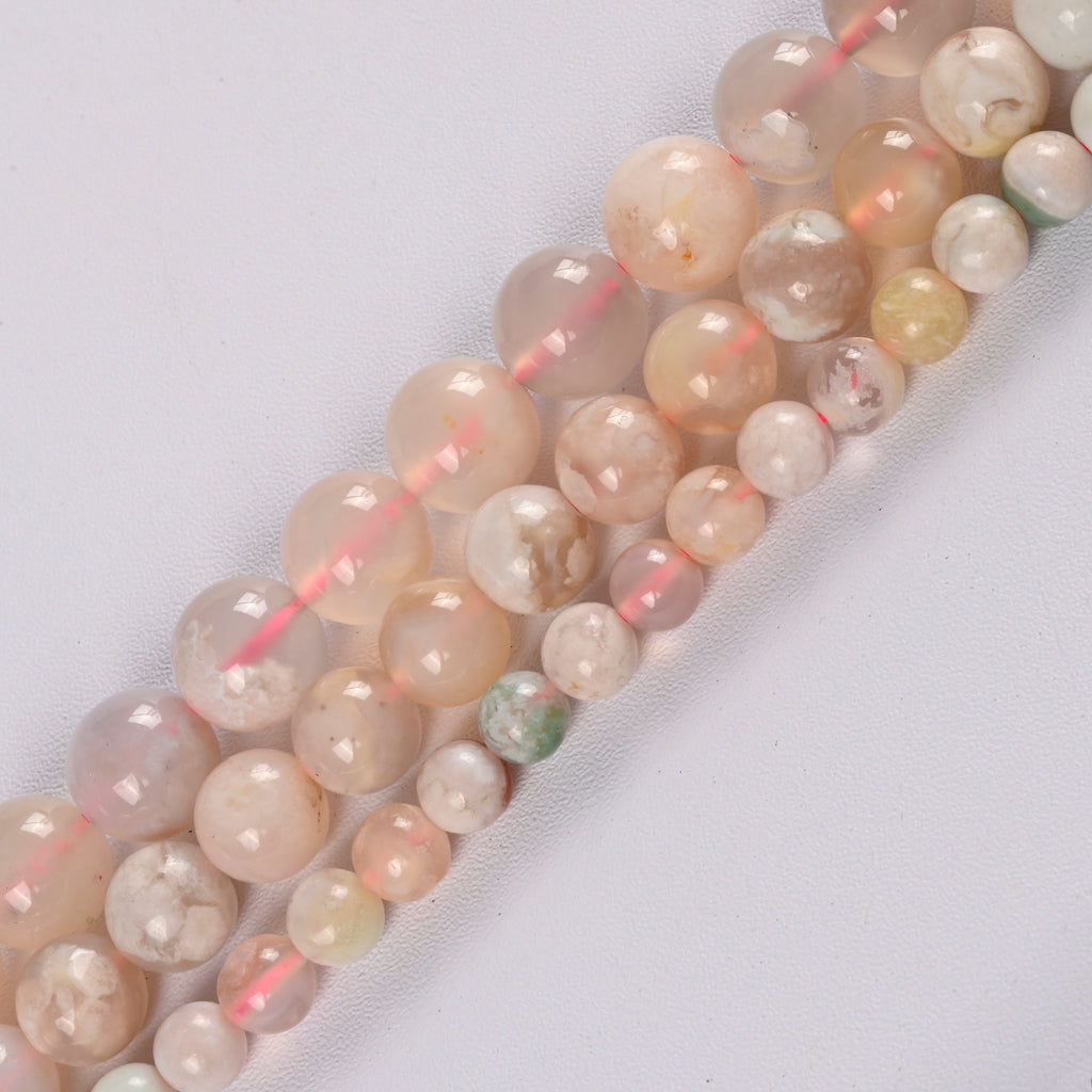 Sakura Agate Smooth Round Loose Beads 6mm-10mm - 15" Strand