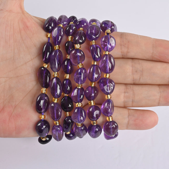 Amethyst Pebble Bracelet with Yellow Spacers, Amethyst Gemstone Bracelet, Smooth Pebble Nugget, Elastic Stretch Cord