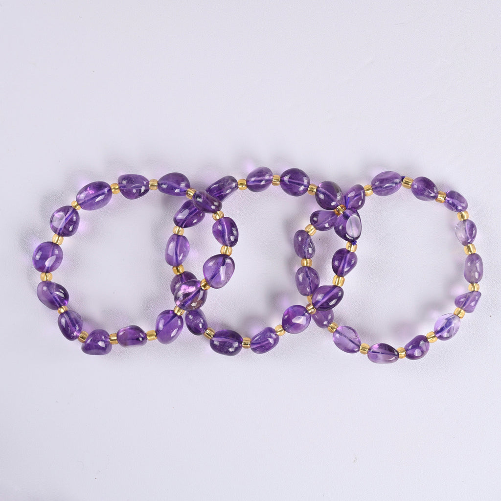 Amethyst Pebble Bracelet with Yellow Spacers, Amethyst Gemstone Bracelet, Smooth Pebble Nugget, Elastic Stretch Cord