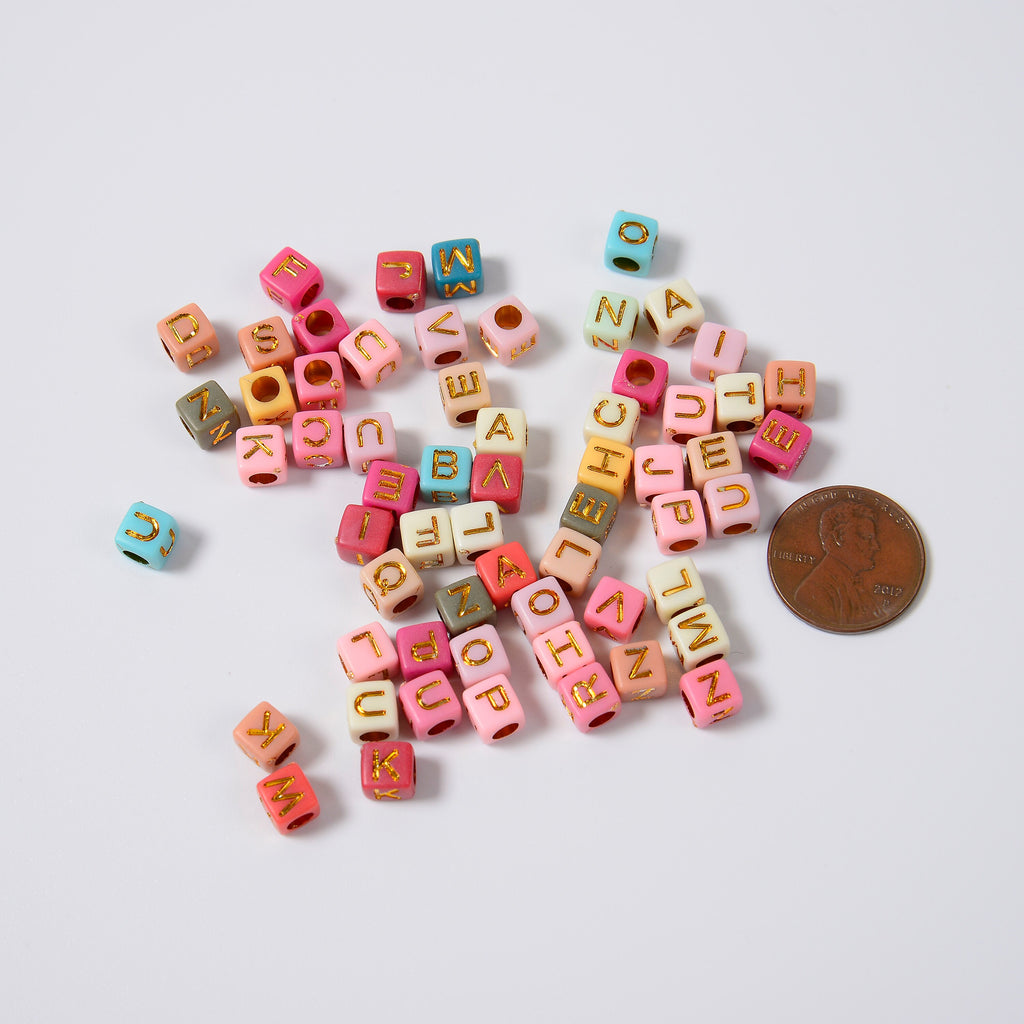 7mm Alphabet Letter Beads, Opaque Pastel Colored Beads with Gold Letters Square Cube Beads, A-Z Letters Acrylic Letter Beads, 300pcs