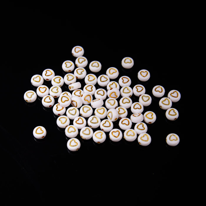 7mm Gold Heart Beads, Opaque White Beads with Gold Heart Outline Flat Round Beads, Acrylic Symbol Beads, 100-500pcs