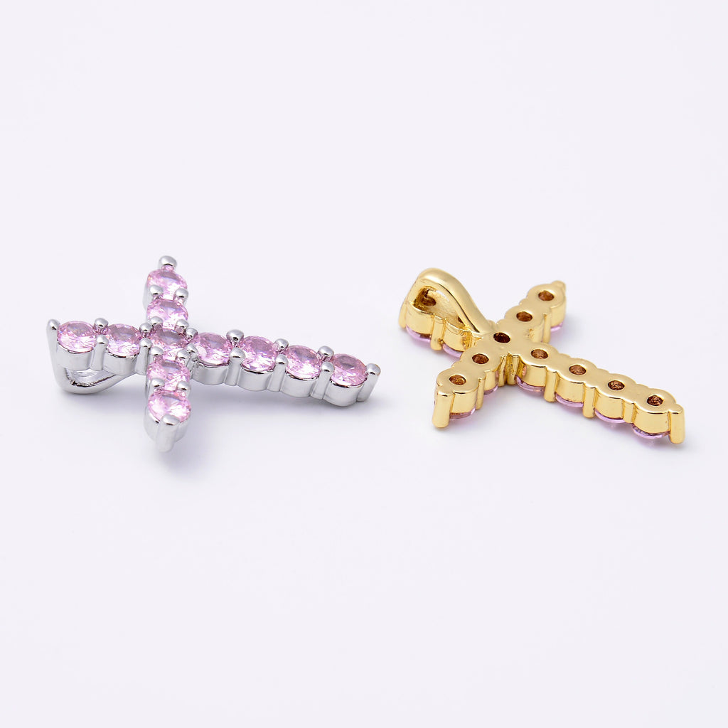 27.3mm 18K Gold Plated Cross Charm Pave Light Pink Rhinestones, Bracelet Pendant Charm, Jewelry Making DIY Bracelet Necklace Supplies