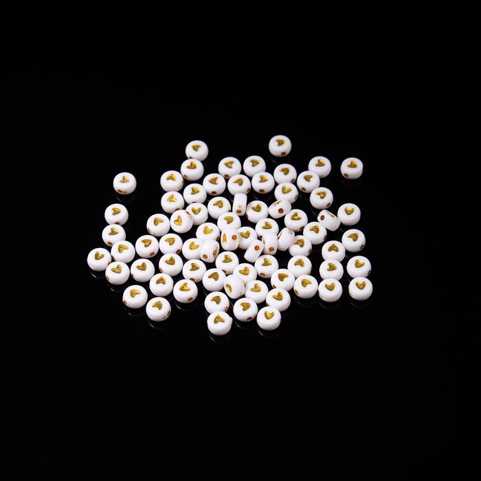 7mm Gold Heart Beads, Opaque White Beads with Gold Heart Filled Flat Round Beads, Acrylic Symbol Beads, 50-100pcs