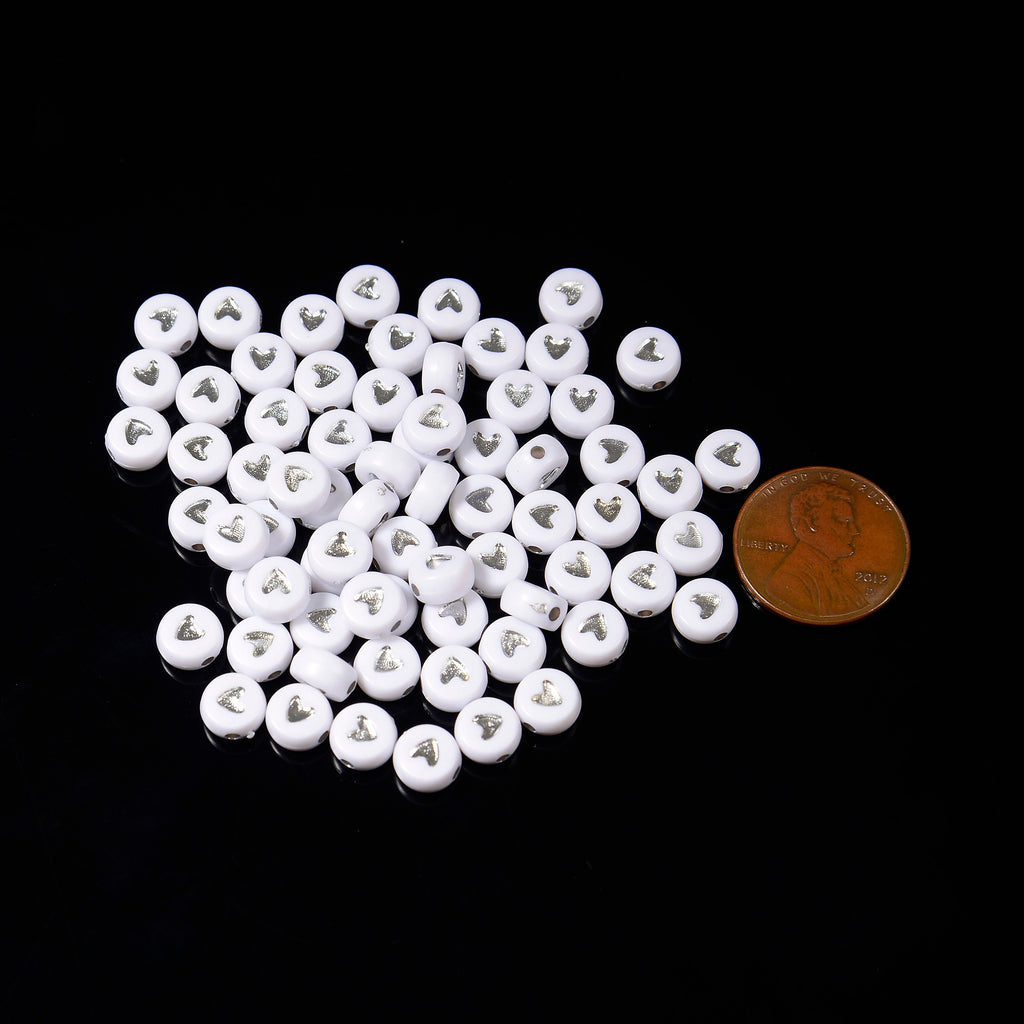 7mm Silver Heart Beads, Opaque White Beads with Silver Heart Filled Flat Round Beads, Acrylic Symbol Beads, 50-100pcs